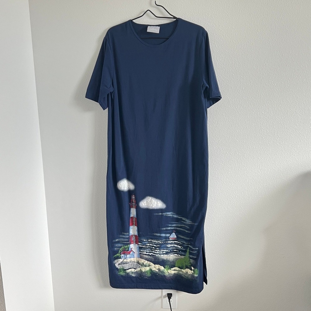 Blair Navy Blue Nautical Lighthouse Graphic Midi T-Shirt Dress M Coastal Grandma